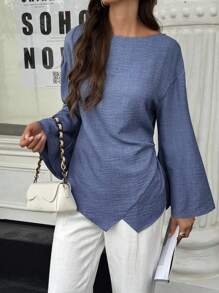 Selianne 女士休闲日常简约纯色落肩宽松喇叭袖褶裥腰部不对称下摆衬衫，春秋季女装 - 藍色 - 查看 4