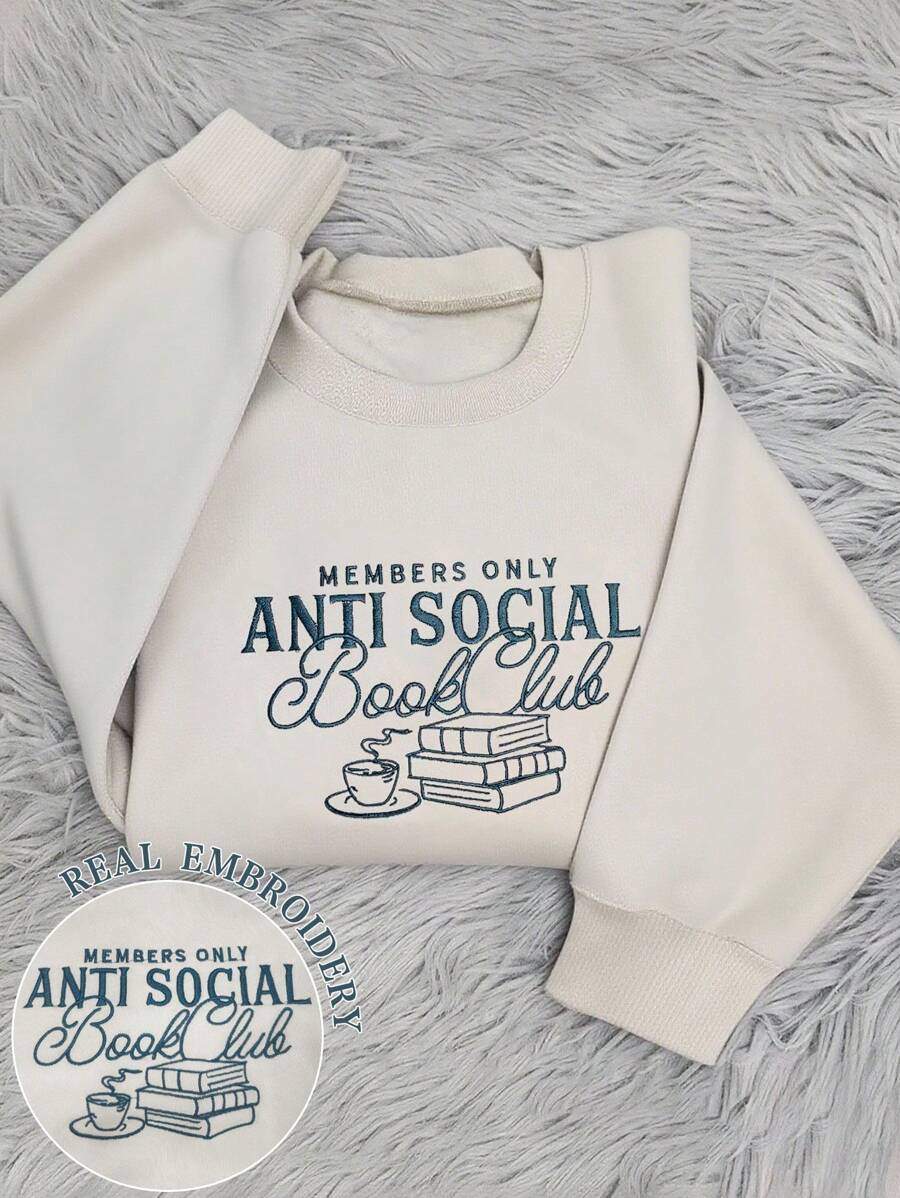 INAWLY 女士休闲圆领长袖卫衣，饰有反社交/读书俱乐部刺绣图案，适合秋冬季毕业季、返校季、毕业典礼、教师节等场合，秋季返校套头衫。 - 米色 - 查看 1