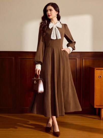 Vintamour 复古经典优雅女装秋冬修身拼接连衣裙蕾丝拼接荷叶边领长袖连衣裙咖啡棕色秋装冬装女士棕色连衣裙
