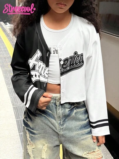 SHEIN Explorewe 1 pieza Blusas para niñas preadolescentes, estilo casual de calle, con costuras en blanco y negro, sin cuello, abotonada, de manga larga, ajuste estándar, sin cuello, grosor regular, adecuada para cualquier ocasión en primavera, otoño y principios de invierno, con estampado de letras de graffiti de calle