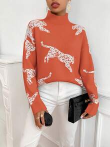 SHEIN Clasi Women's Casual Leopard Print Dropped Shoulder Long Sleeve Loose Knit Sweater, Autumn Fall Winter Cloth For Women