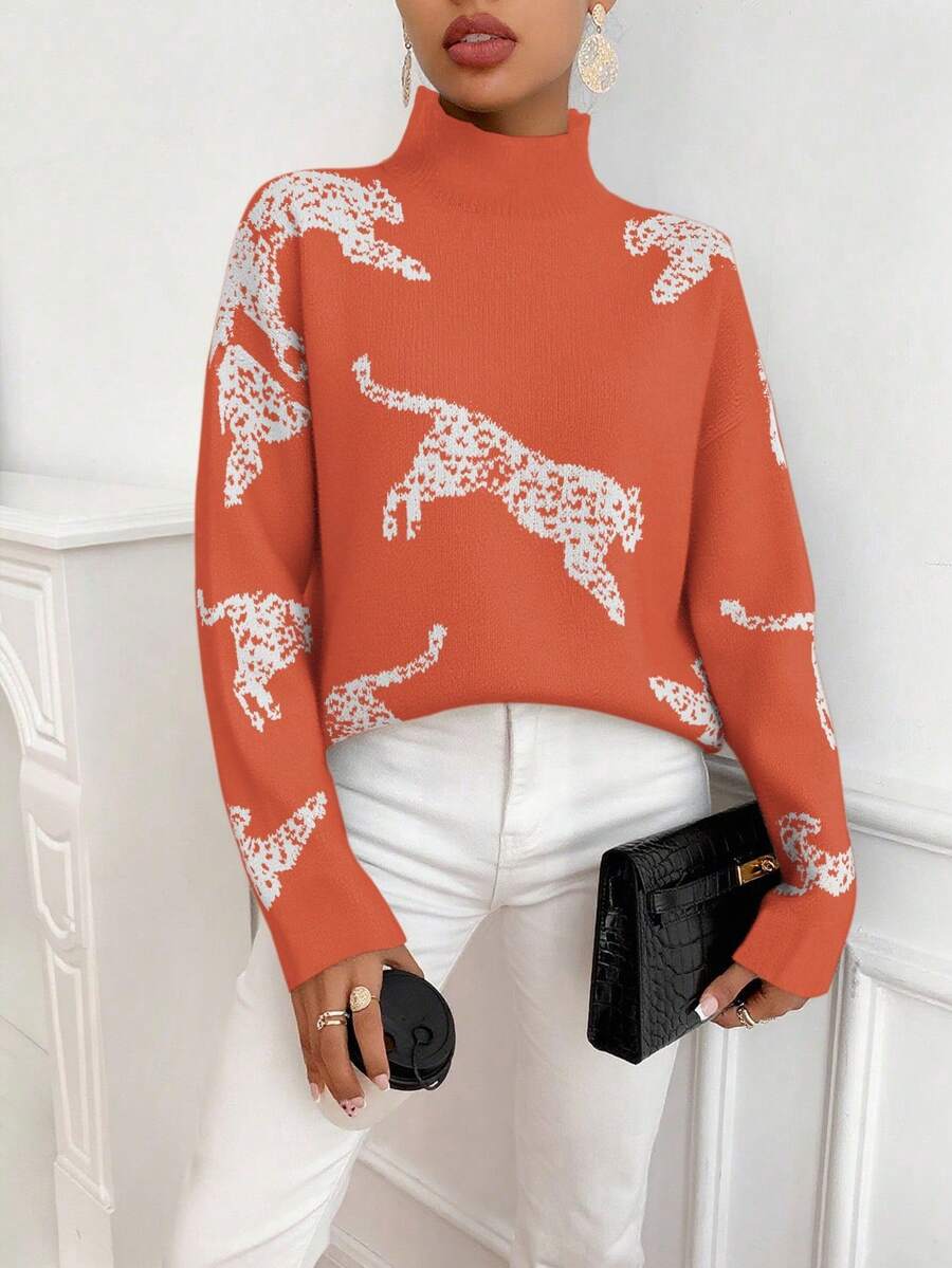 SHEIN Clasi Women's Casual Leopard Print Dropped Shoulder Long Sleeve Loose Knit Sweater, Autumn Fall Winter Cloth For Women