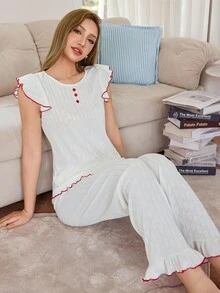 SHEIN 2件套撞色提花针织盖袖上衣和宽松裤子睡衣套装 - 白色 - 查看 2
