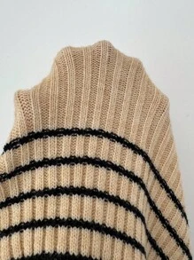 Elenzga Damen Neuer Herbst/Winter Einzelteil Figurbetonter kurzer V-Ausschnitt Langarm Klassischer gestreifter Rüschensaum Eleganter Lady Stil Alltagstauglicher vielseitiger Strickpullover