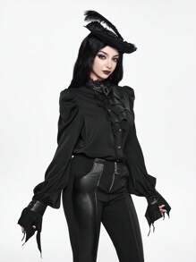 ROMWE EDITION Asymmetrical PU Bat Collar Loose Goth Blouse For Women, Suitable For Halloween - Black - View 2