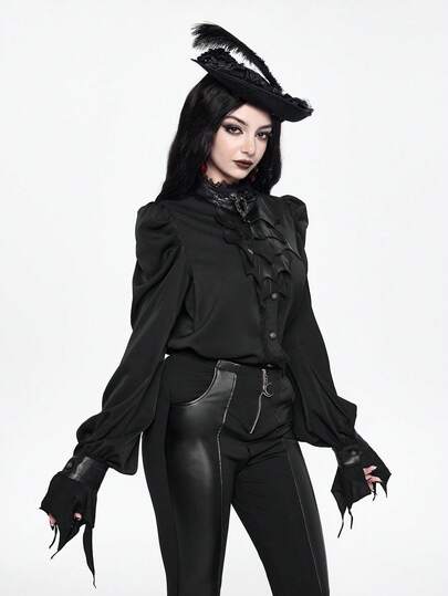 Goth Asymmetrical PU Bat Collar Loose Goth Blouse For Women, Suitable For Halloween