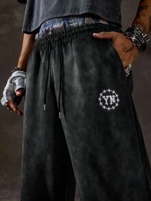 ROMWE MEN Grunge Punk Pantalones sueltos casuales con cordón y bordado para hombres, para el otoño - Multicolor - Ver 2