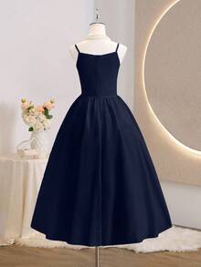 Elegant Sleeveless High Waist Maxi Solid Pleated Dress For Teens & Girls, Suitable For Wedding & Formal Events, White Series - Navy Blue - View 2