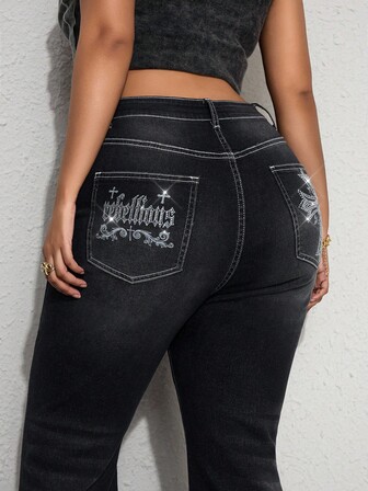 Grunge Punk Plus Size Gothic Cross Print Rhinestone Embellished Flare Jeans