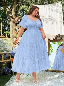 Lyrianda Plus Size Spring/Summer Women's Round Neck Vintage Romantic Elegant Resort Beach Backless Ruffles Sleeves A-Line Layered Dress - Blue - View 5
