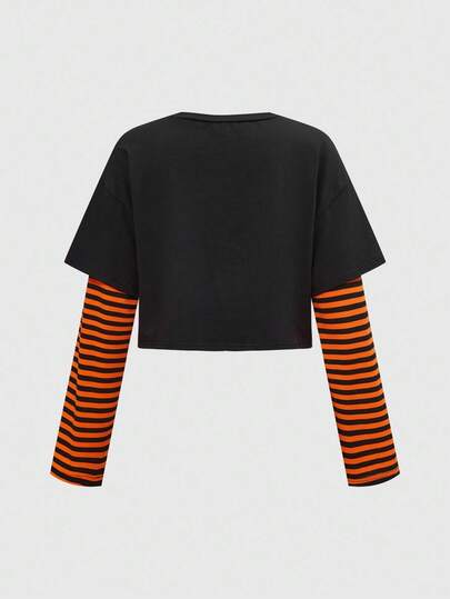 Halloween Pumpkin Skull Graphic Striped Contrast Color Casual Women Long Sleeve T-Shirt