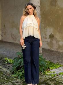 Jeta Ari Women's Loose Fit Wide Leg Casual Denim Pants With Pockets - Dark Wash - View 1