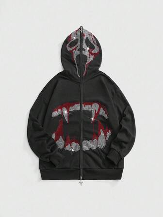 Goth Halloween Casual Skull Rhinestone Decor Hooded Open Front Fuzzy Collar Loose Fit Women Sweatshirt