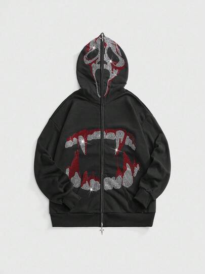 Goth Halloween Casual Skull Rhinestone Decor Hooded Open Front Fuzzy Collar Loose Fit Women Sweatshirt