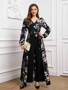 SHEIN Clasi 女式长袖花卉印花斜襟V领连体裤 - 黑色 - 查看 10