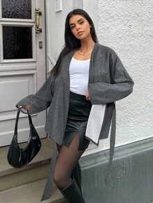 MainGRL Women's Dark Grey Front Tie Long Sleeve Minimalist Overcoat In Fall/Winter - Dark Grey - View 6