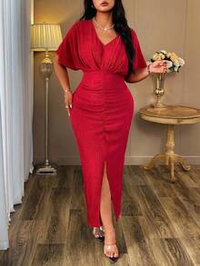 Auvina 大码女士纯色晚礼服，短袖设计，V领开口，开衩，长款，优雅大方。女士纯色V领蝙蝠袖短袖褶裥开衩下摆优雅长裙，适合圣诞节、教师节穿着。 - 紅色 - 查看 6