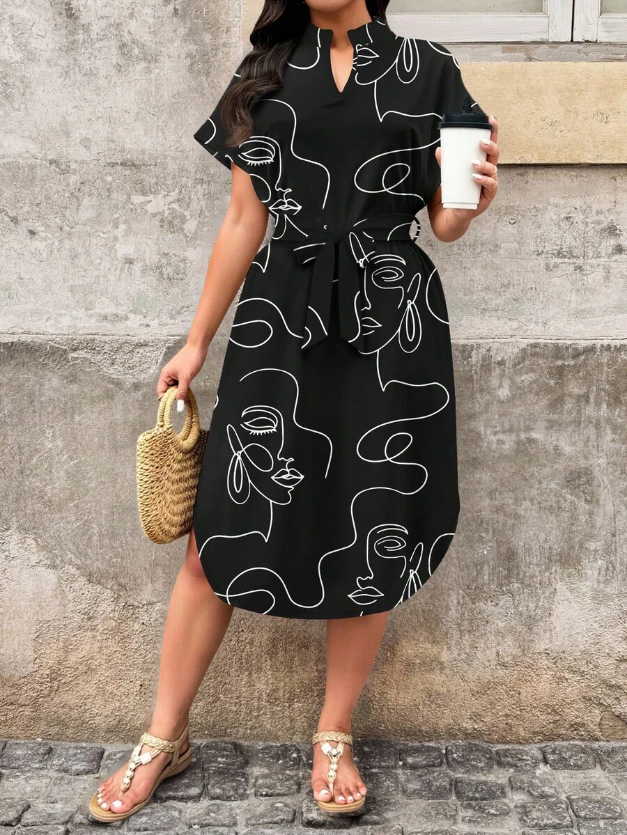 EMERY ROSE Plus Size Women's Casual Minimalist Line Print Solid Black Dress, Suitable For Summer Commute And Beach Chic Dress - Multicolor - View 1