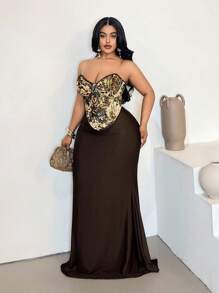 Maweii Plus Size Women's Spring/Summer New Year Contrast Color Tie Front Avant-Garde French Casual Young Chic Fashion Knit Elastic Versatile Undershirt Dress, Sexy Formal Party Dress, Sexy Crop Top, Sexy Jumpsuit, Sexy Transparent Off-Shoulder Fitted Solid Color Dress - Coffee Brown - View 4