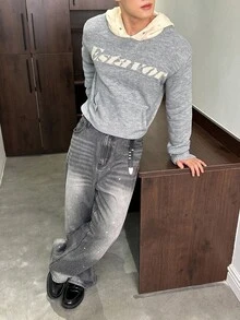 SWAVVY Herren Lässig Pullover mit Buchstabenmuster und Kontrastfarbe, Kapuze, Herbst Winter