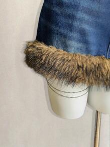 Attitoon 女士拼布仿皮草牛仔迷你裙 - 深色水洗藍 - 查看 7