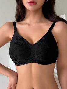 DAZY Lace Jacquard Adjustable Spaghetti Strap Lightly Padded Women Bra, Black - Black - View 5