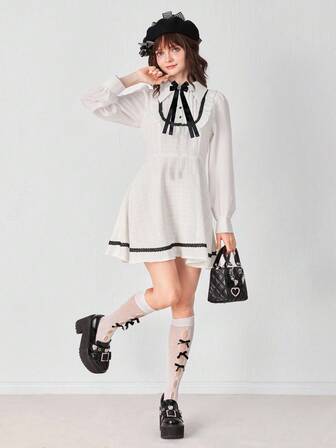 J-Fashion Women's Hime Gyaru Style Contrast Color Fabric Ruffle Lace Patchwork Long Sleeve Mini Dress