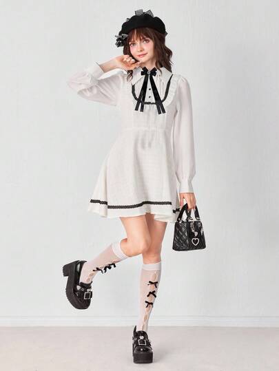 EDITION Women's Hime Gyaru Style Contrast Color Fabric Ruffle Lace Patchwork Long Sleeve Mini Dress