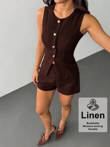 SHEIN PETITE 女士腰部套装优雅休闲两件套短套装女亚麻两件套棕色两件套女女士夏季两件套棕色 - 棕色 - 查看 5