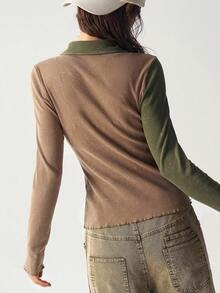 Bohemela 休闲针织拼布长袖修身女上衣 - 摩卡棕 - 查看 7