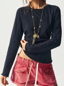 Bohemela 休闲纯色针织圆领插肩袖修身女式T恤 - 黑色 - 查看 8