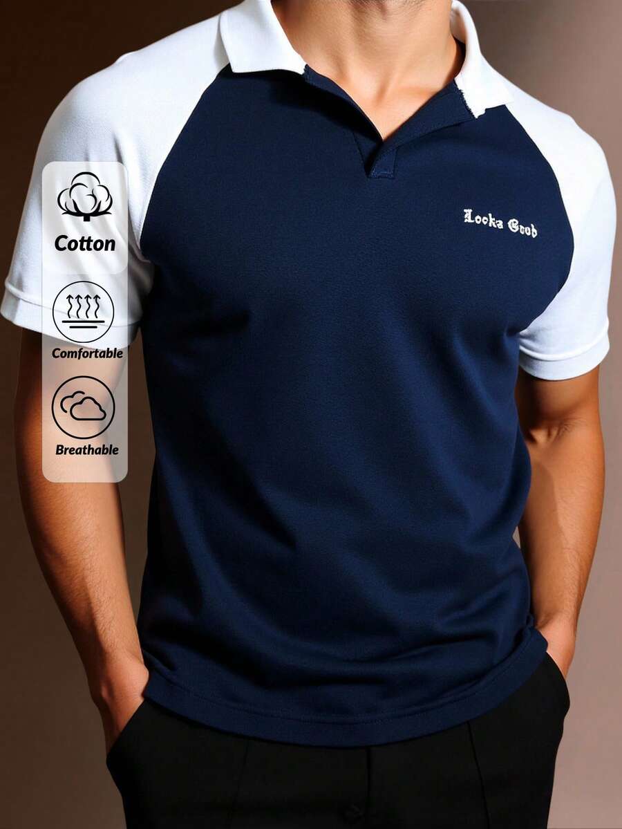 RueChic 男士插肩袖字母印花休闲常规款 Polo 衫