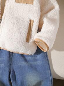 SHEIN Young Girl Contrast Color Zipper Front Casual Fleece Jacket, Autumn/Winter Fall - White - View 8