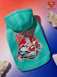 SUPERMAN X PETSIN 1pc Vintage Illustration Print Lake Green Sleeveless Hooded Stylish Fashion Sweatshirt For Pets