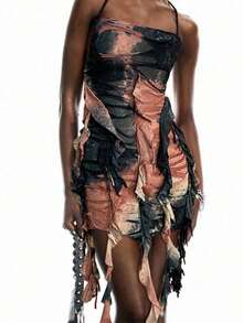 LYSMO 2025 New Arrival Spring-Summer Women's Post-Apocalyptic Style Vintage Distressed Tie-Dye Ruffled Asymmetrical Long Slim Halter Neck Camisole, Vintage Casual, Post-Apocalyptic Aesthetic - Multicolor - View 8