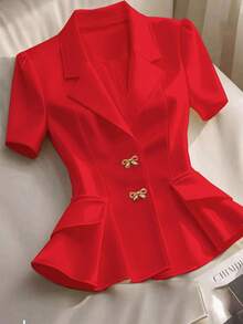 SHEIN Clasi 女士优雅纯色蝴蝶结装饰衬衫，夏季 - 紅色 - 查看 1