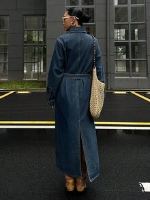 DAZY Women's Autumn Collared Waist Cinched Denim Dress - Blue - View 2