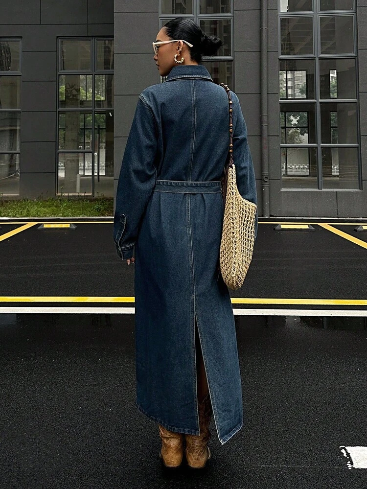Women's Autumn Collared Waist Cinched Denim Dress