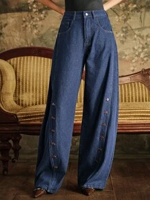 SHEIN X Jwoww Anewsta 复古风格手工纽扣女式直筒蓝色牛仔裤 - 藍色 - 查看 5