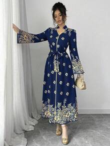 Chiquease Printed Stand Collar Long Sleeve Elegant Casual Long Dress For Women Maxi Women Outfit Fall Cloth For Women