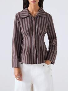 LYSMO LYSMO 2025 Nuevas llegadas de otoño Camisa de cintura a rayas casual/informal para mujer / Camisa con cintura / Corbata / Bordado / Divertido / Años 2000 / Lindo / Bohemio / Vacaciones / Casual de negocios para mujer / Estilo de hada / Ropa de fiesta / Ropa de aeropuerto / Blusas / Ropa formal / Ropa de vacaciones / Lindo / Estilo occidental / Estilo campestre / Pionero / Estilo minimalista / Camisas divertidas / Camisas para el otoño Blusa marrón