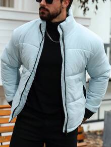 Manfinity Homme 男士纯色简约休闲立领拉链长袖棉服外套，浅蓝色，秋冬 - 淺藍色 - 查看 3
