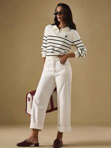 Briarwyn 秋季女士休闲条纹卡通熊图案可追溯棉质长袖拉链部分门襟毛衣，秋季毛衣，女士办公室服装，返校，秋季女装老款风格女士休闲女装 - 米色 - 查看 2