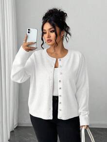 Elenzga 大码休闲纯色金色纽扣长袖开衫