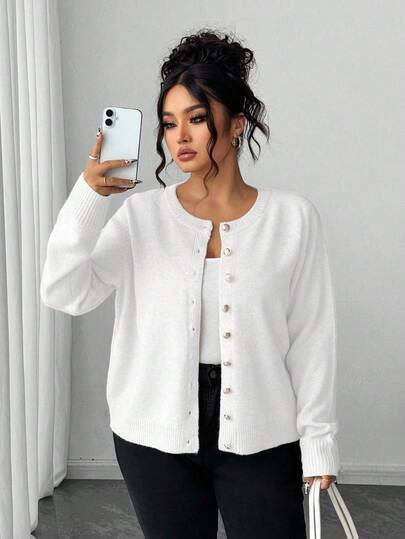 Elenzga Plus Size Casual Solid Color Gold Button Long Sleeve Cardigan Fall Winter Cloth For Women Autumn