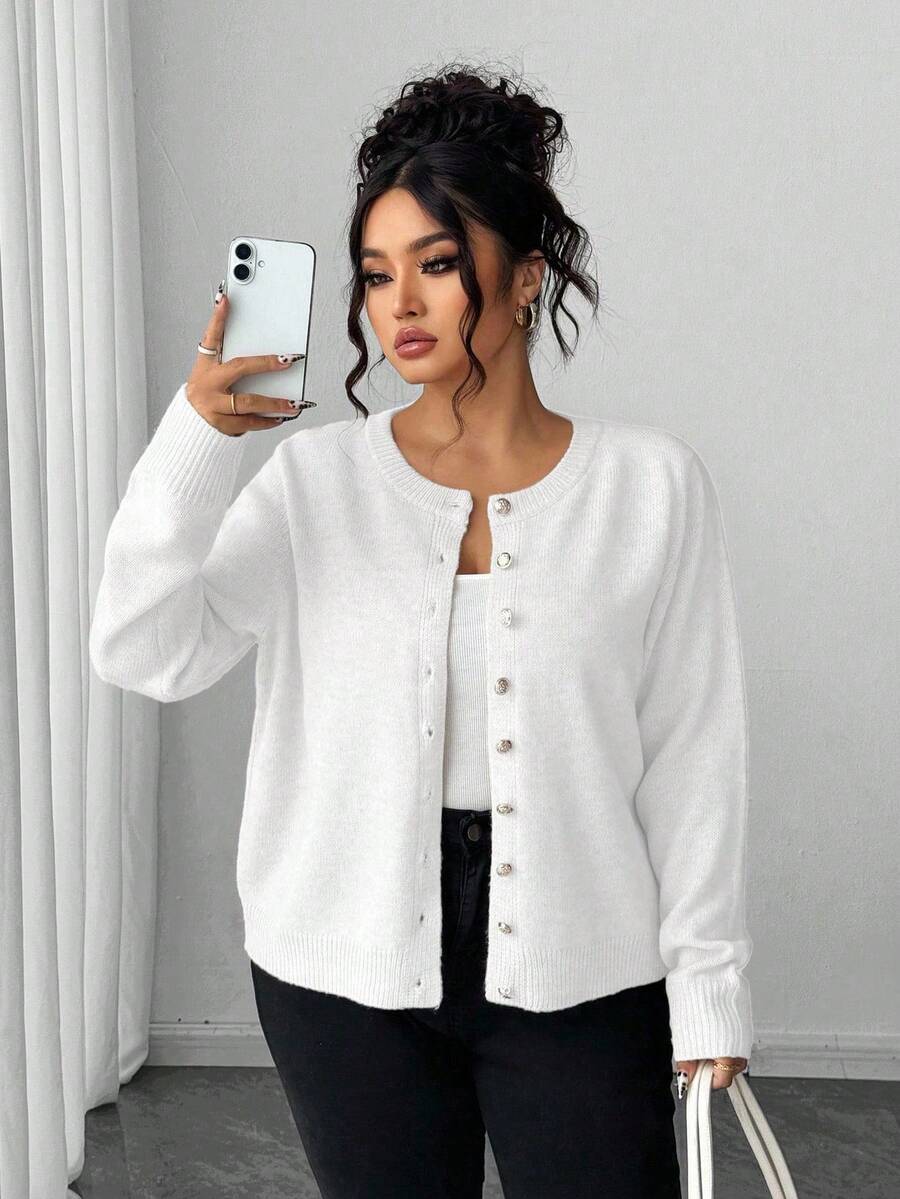 Elenzga 大码休闲纯色金色纽扣长袖开衫