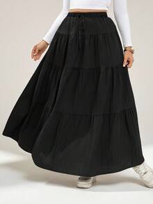Auralis Plus Size Women's Casual Loose Elasticated Waist Ruffle Hem A-Line Half Skirt, Casual Outfit For Women, Casual Skirts, Winter Skirts For Women, Black Skirt, Airport Outfits, Winter Clothes For Women - Black - View 5