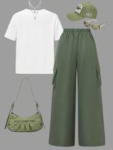 2件套少女简约印花短袖上衣和短裤套装 - 綠色 - 查看 2