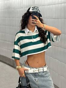 StreetHx Women's Navy Blue And Yellow Striped Streetwear Casual Commuter Short Sleeve Polo Top, Spring/Summer - Green - View 4