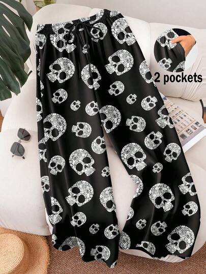 CosyJoli Halloween Full Skull Pattern Plus Size Women's Clothing, New Spring And Summer Business Casual Women's Clothing, Beachwear, Valentine's Day Fashion, Fashionable Commuting, Elegant Wide-Leg Pants With